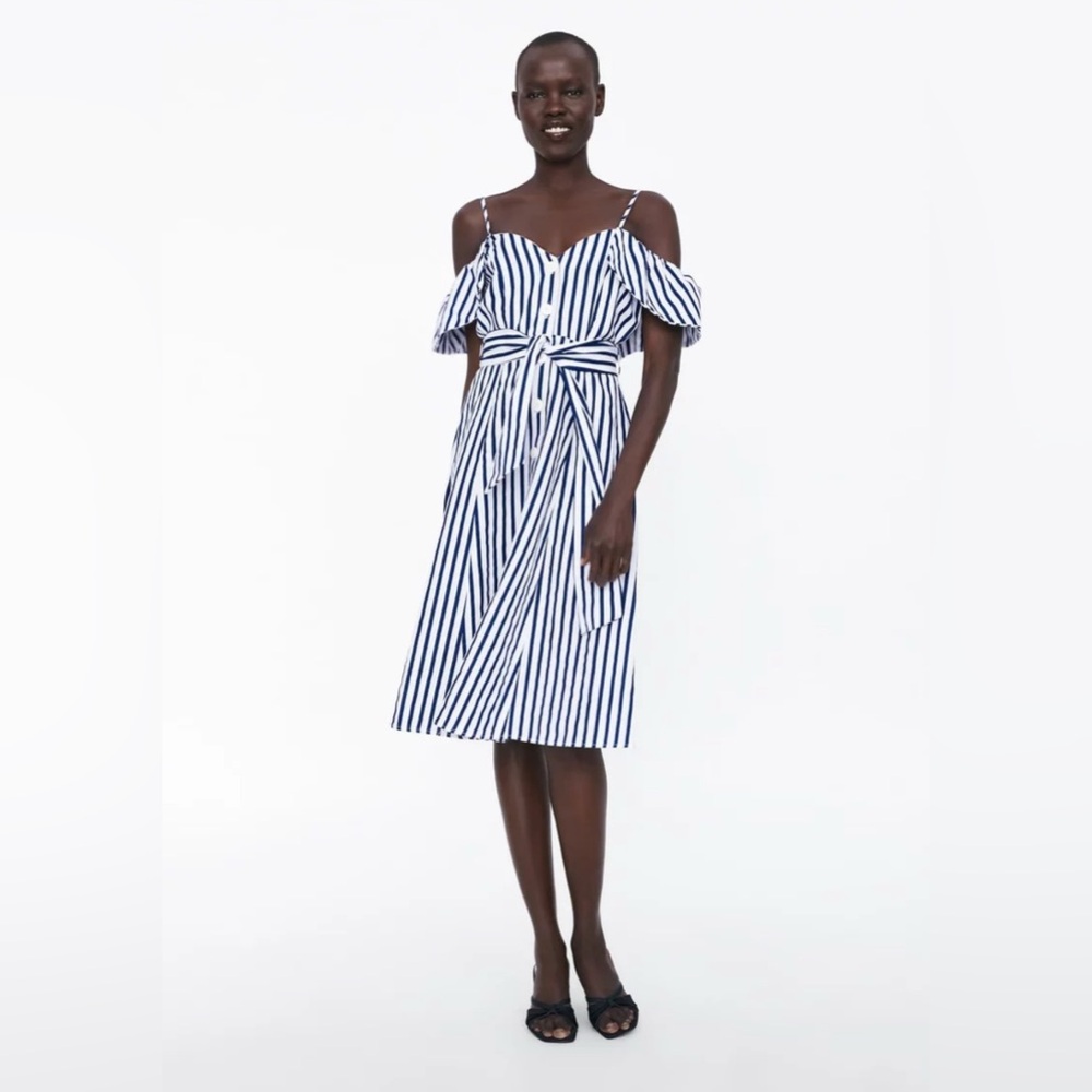 ZARA Blue White Striped Buttoned Off Shoulder Summer Dress, linen blend, small
